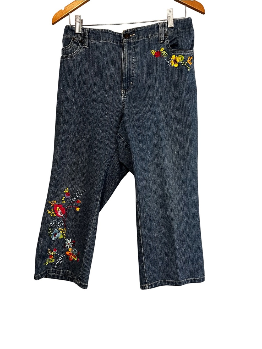 Paradise Bay Dark Blue Cropped Embroidered Jeans with Yellow Floral Details